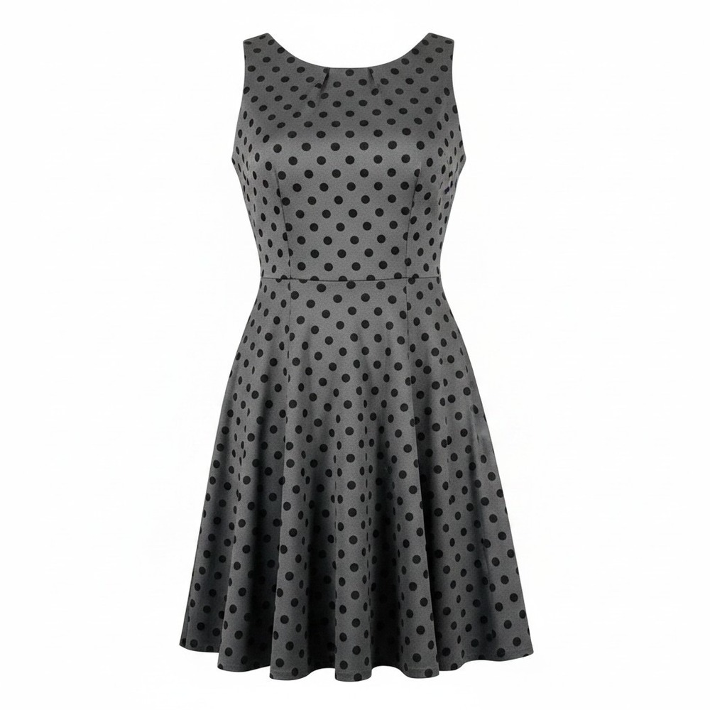 Elle Womens Polka Dot Fit and Flare Dress Grey Black Flocked Velvet Skater MED